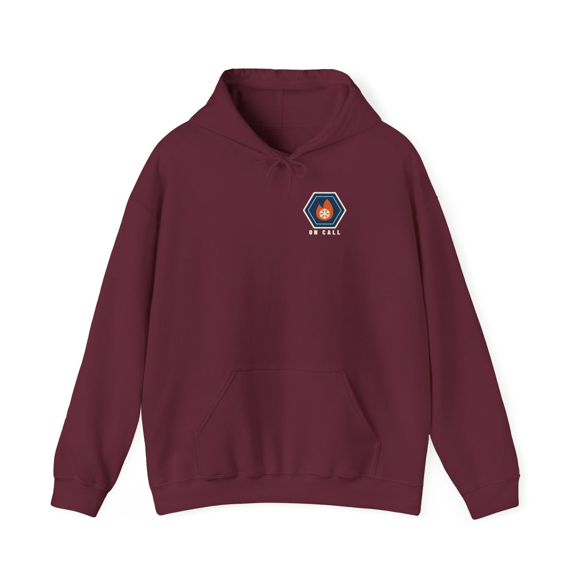Maroon hoodie with a small fire-and-ice hex nut logo and the words On Call on the left chest