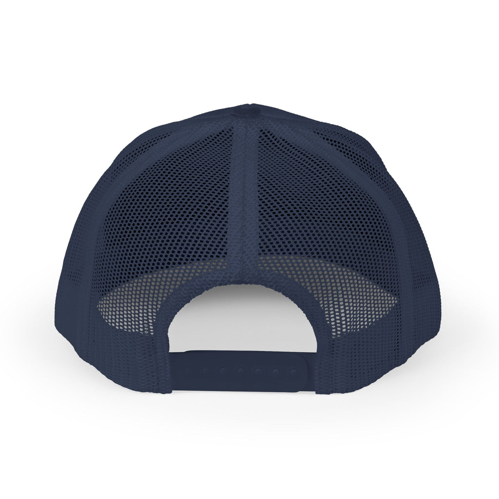 Back of solid navy trucker hat with an adjustable snapback