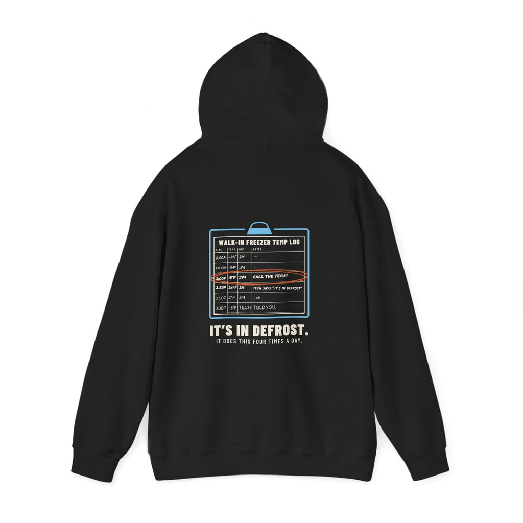 Black hoodie, back view, with a walk-in freezer temp log and It's In Defrost