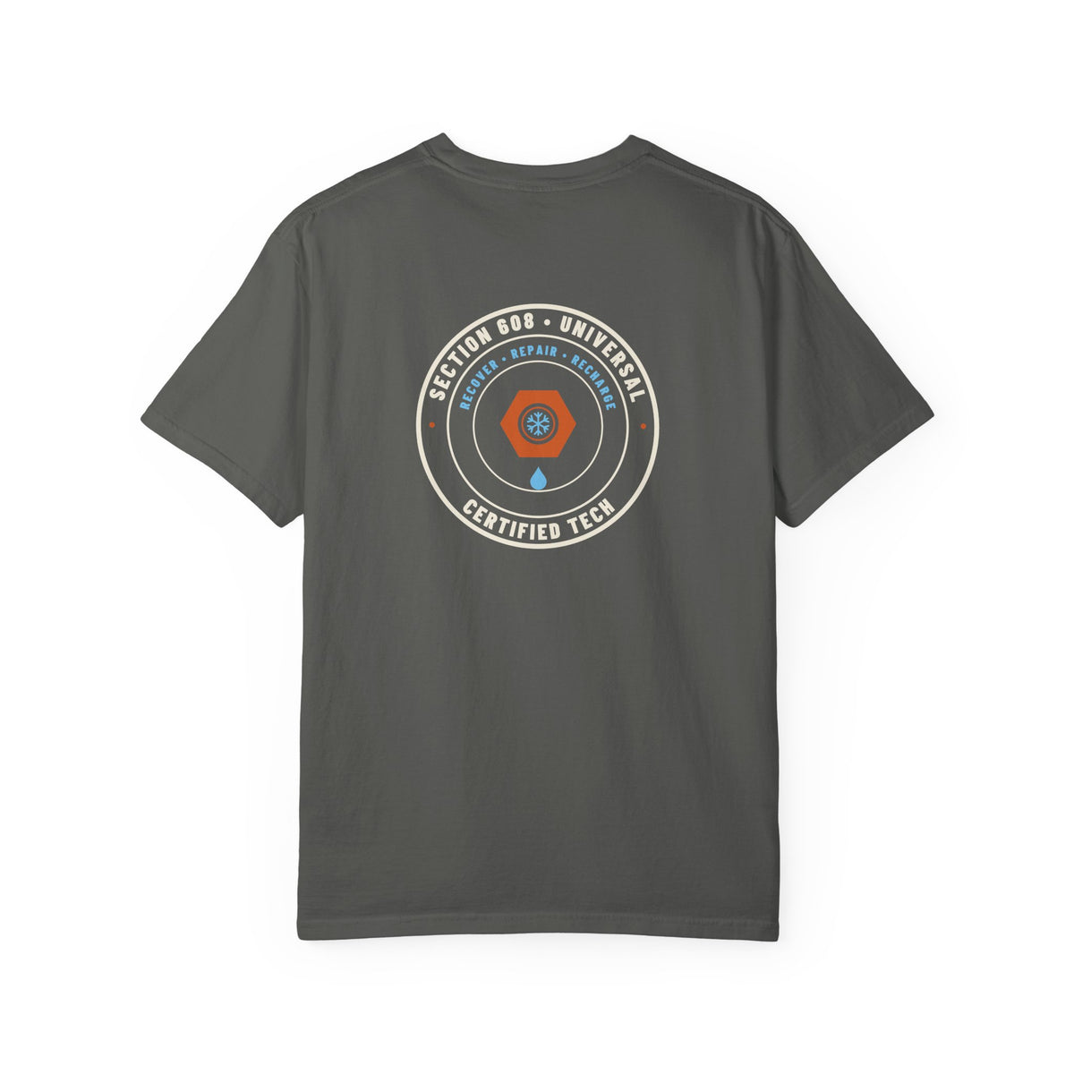 Back of faded black t-shirt with a round badge reading Section 608 Universal Certified Tech