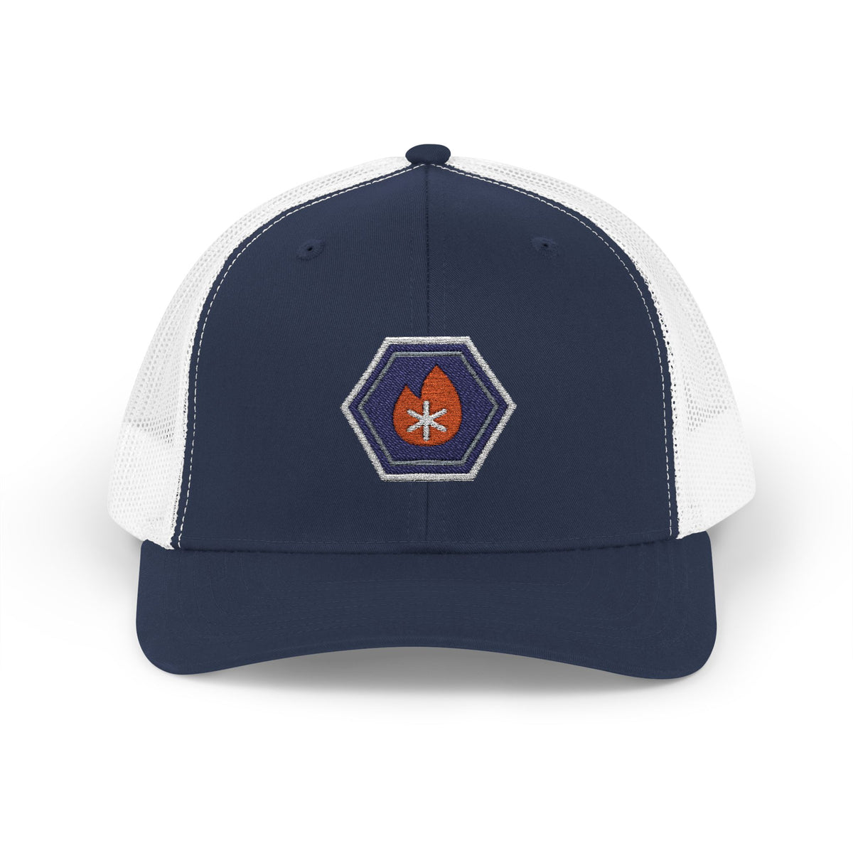 Navy and white trucker hat with an embroidered hex nut logo, a flame on one side and a snowflake on the other