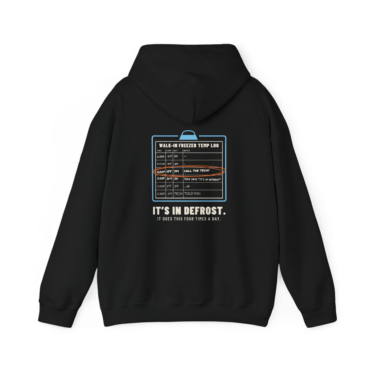 Black hoodie, back view, with a walk-in freezer temp log and It's In Defrost