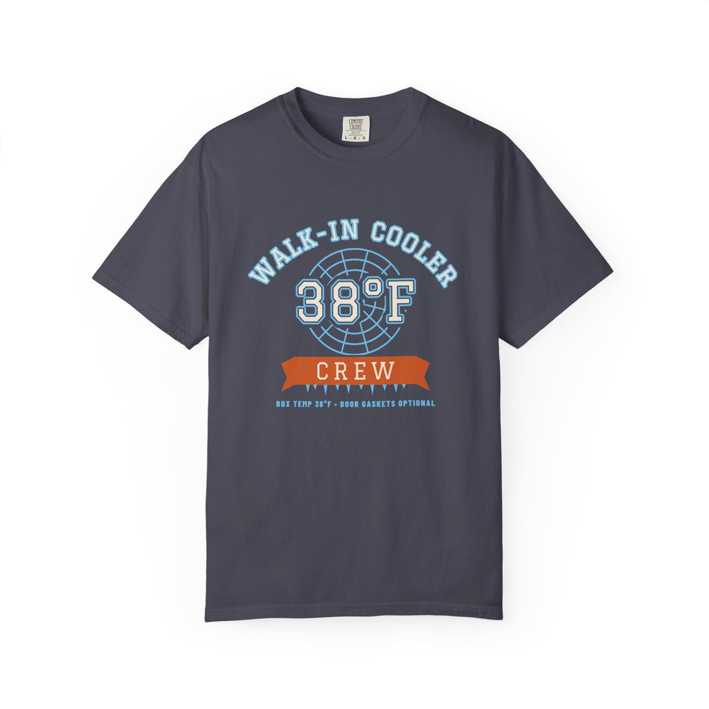 Navy t-shirt with a walk-in cooler door badge reading Walk-In Cooler Crew, Box Temp 38°F