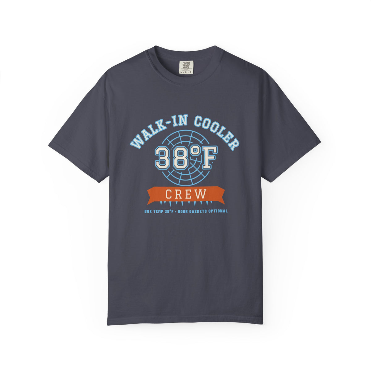 Navy t-shirt with a walk-in cooler door badge reading Walk-In Cooler Crew, Box Temp 38°F