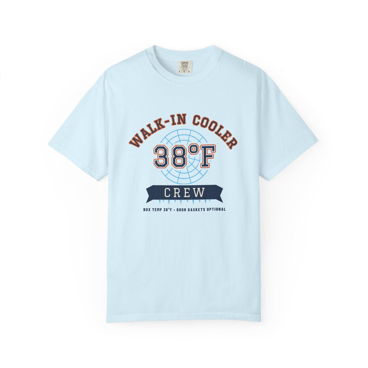 Chambray t-shirt with a walk-in cooler door badge reading Walk-In Cooler Crew, Box Temp 38°F