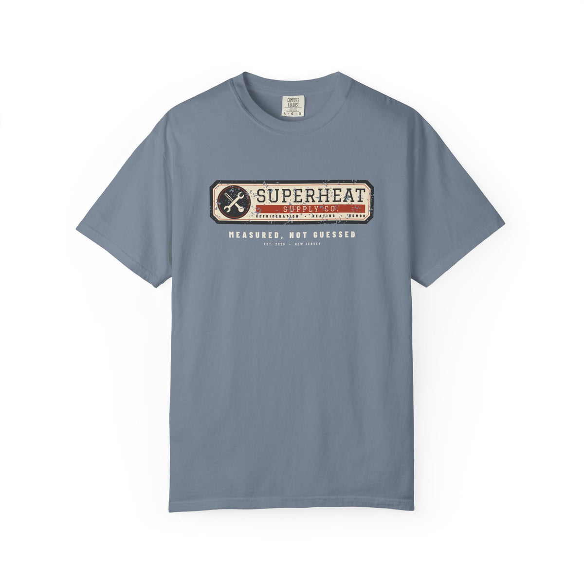 Blue Jean t-shirt with a vintage equipment data plate reading Superheat Supply Co., Refrigeration Heating Humor