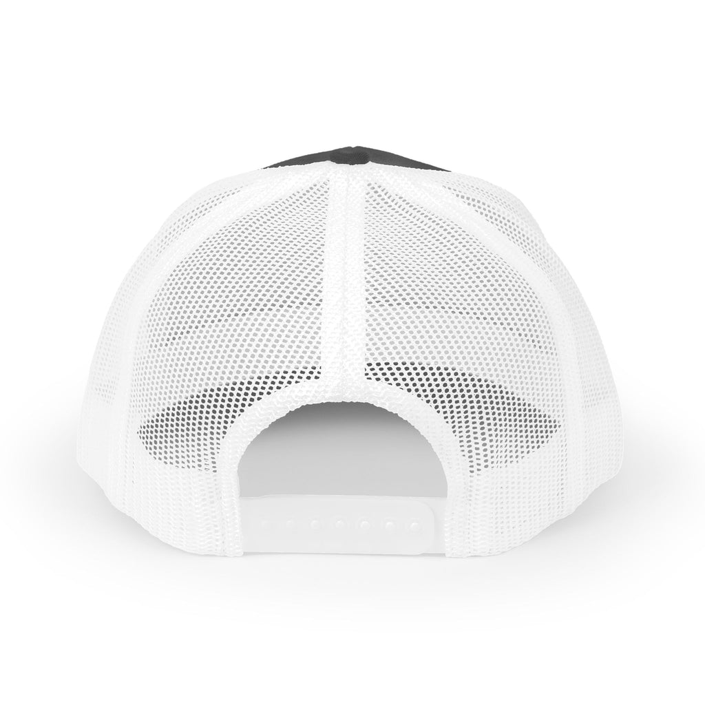 Back of trucker hat with white mesh panels and an adjustable snapback