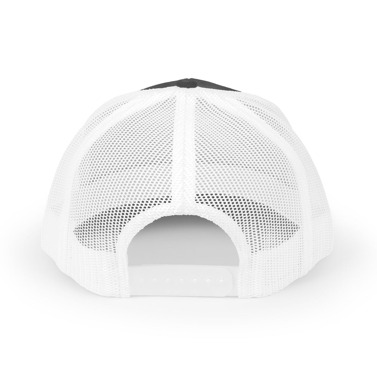Back of trucker hat with white mesh panels and an adjustable snapback