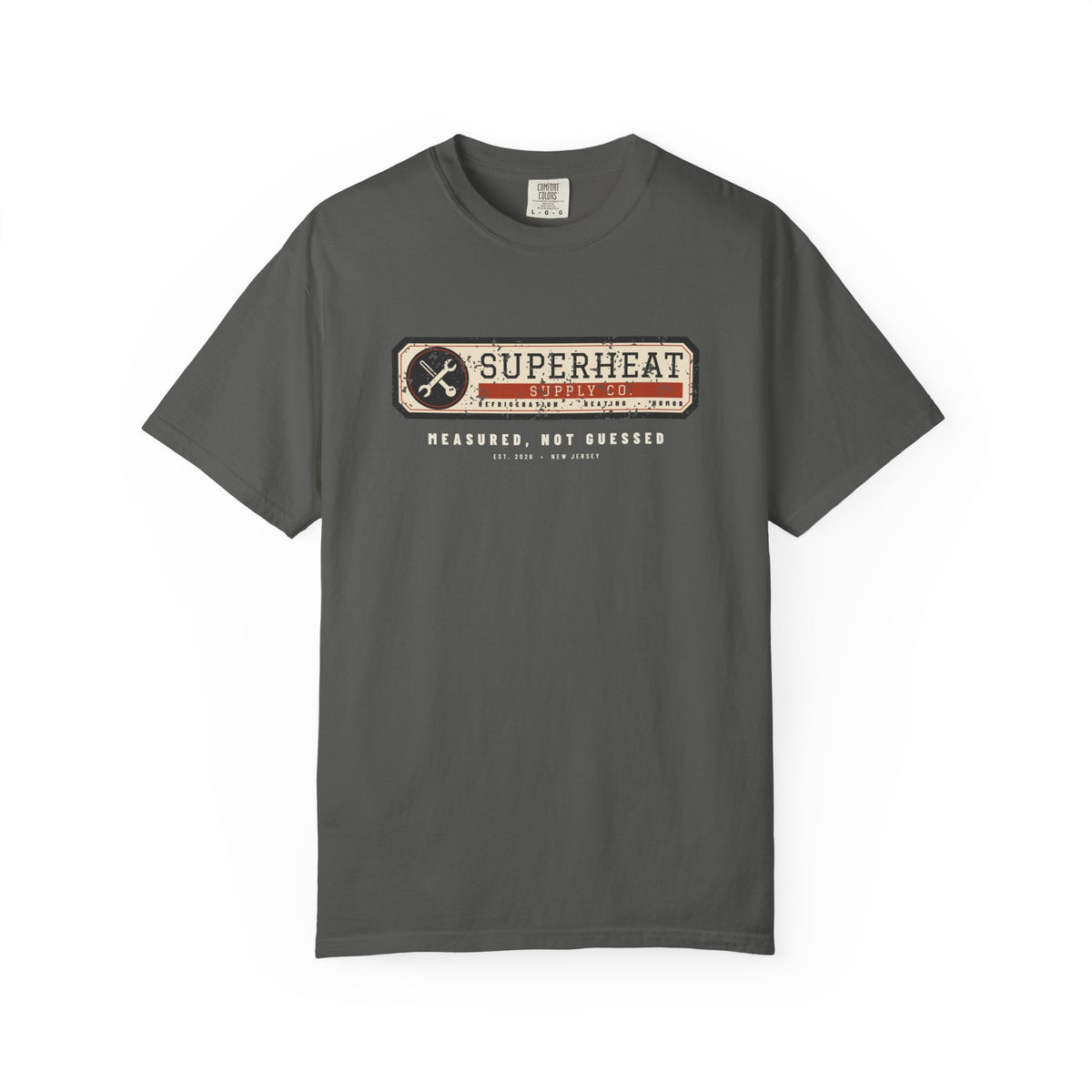 Faded black t-shirt with a vintage equipment data plate reading Superheat Supply Co., Refrigeration Heating Humor