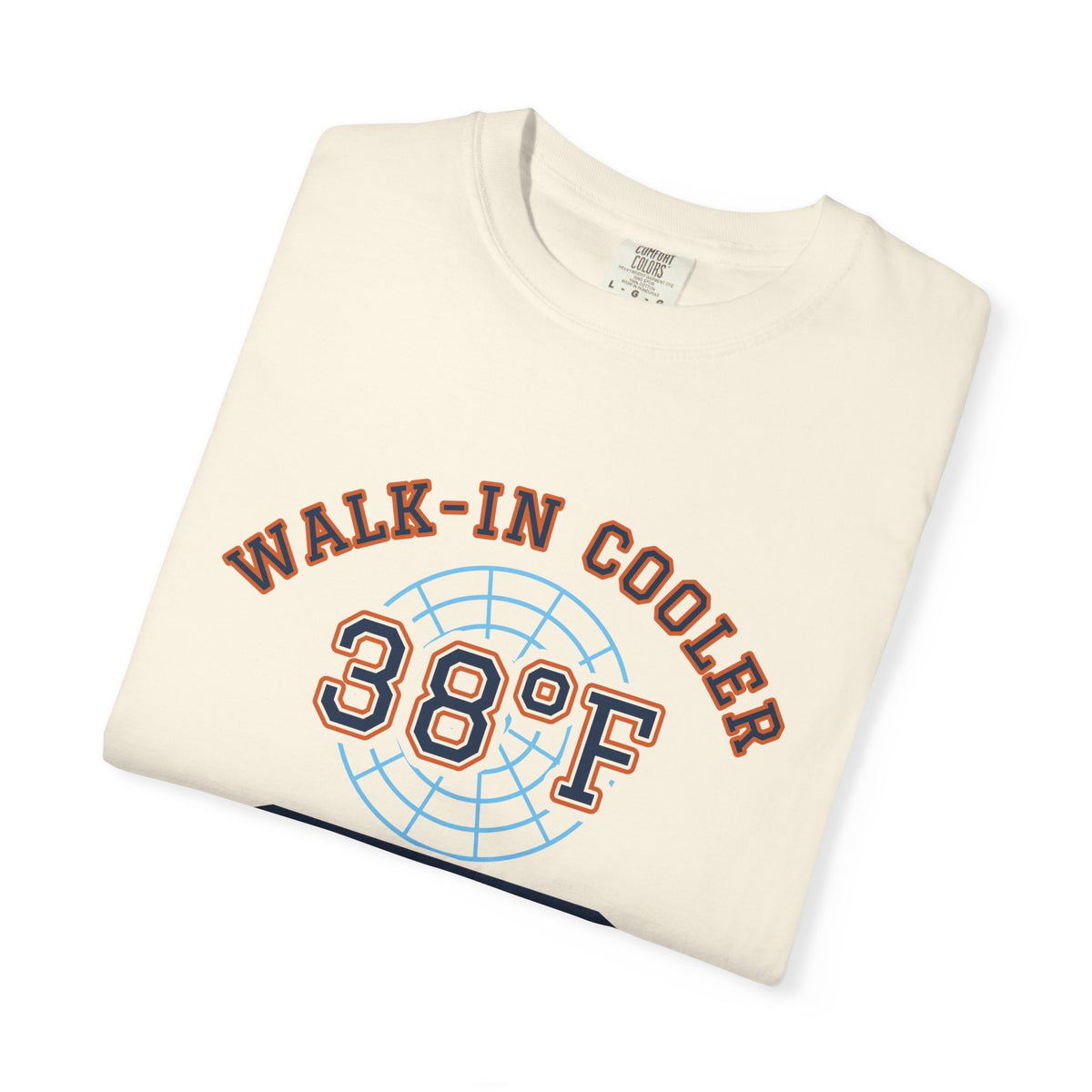 Folded ivory t-shirt with a walk-in cooler door badge reading Walk-In Cooler Crew, Box Temp 38°F