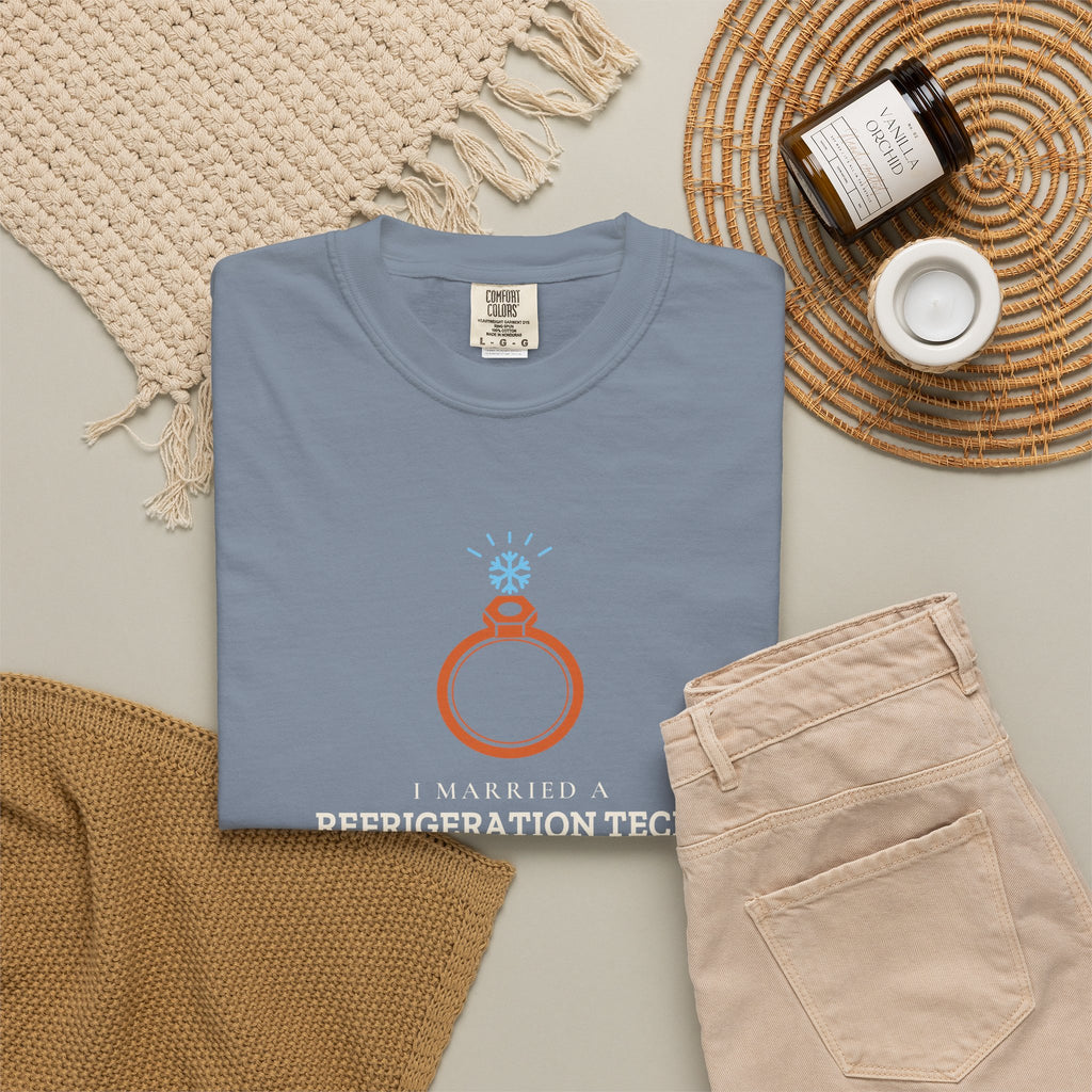 Blue Jean t-shirt flat-lay with the I Married a Refrigeration Tech flare nut ring graphic