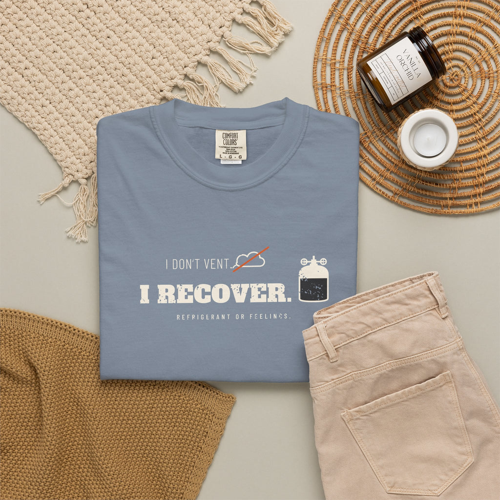 Blue Jean t-shirt flat-lay with the I Don't Vent. I Recover. recovery cylinder graphic