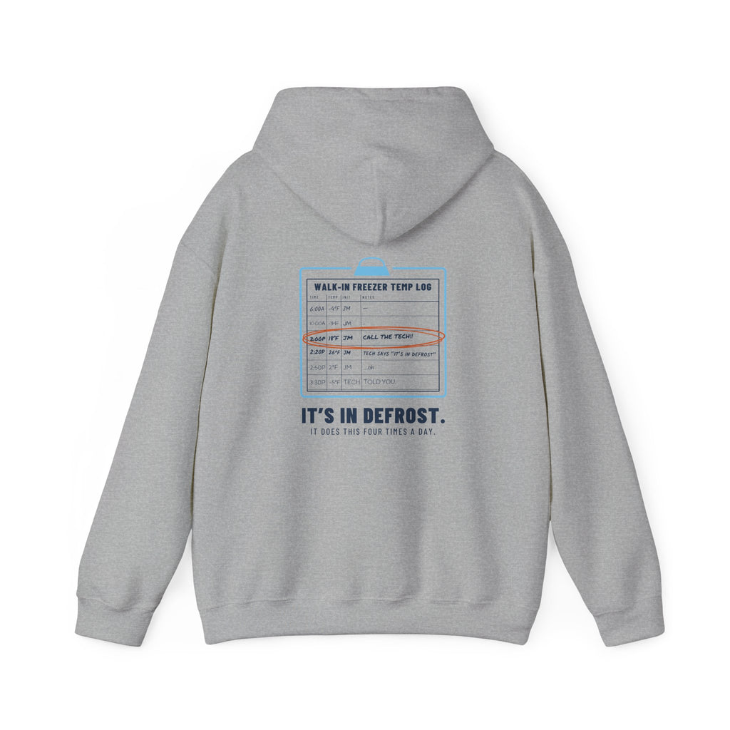 Sport Grey hoodie, back view, with a walk-in freezer temp log and It's In Defrost