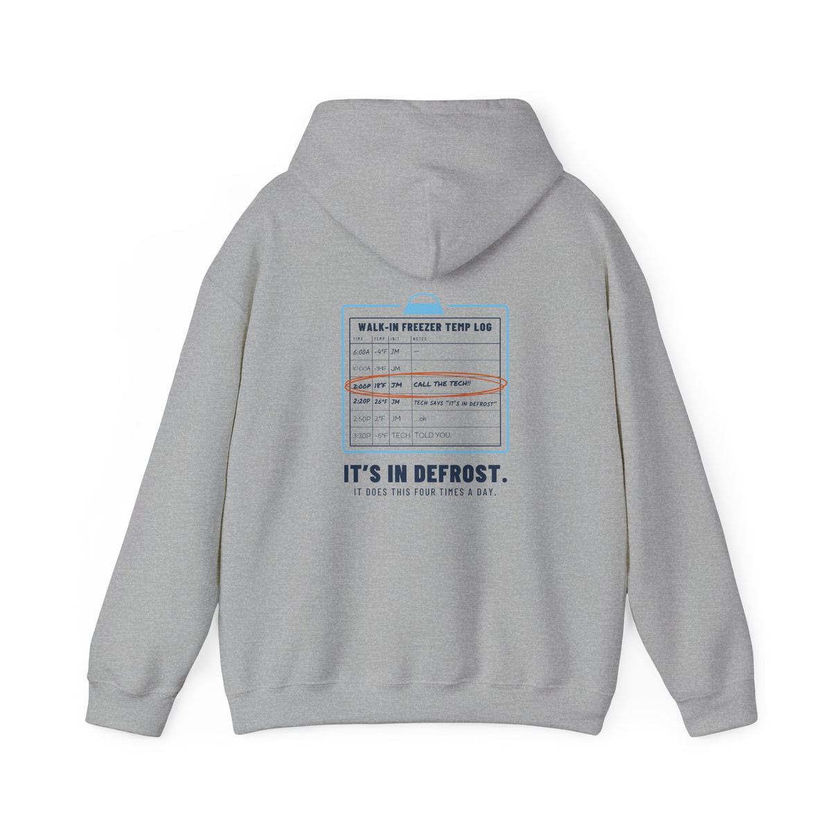 Sport Grey hoodie, back view, with a walk-in freezer temp log and It's In Defrost