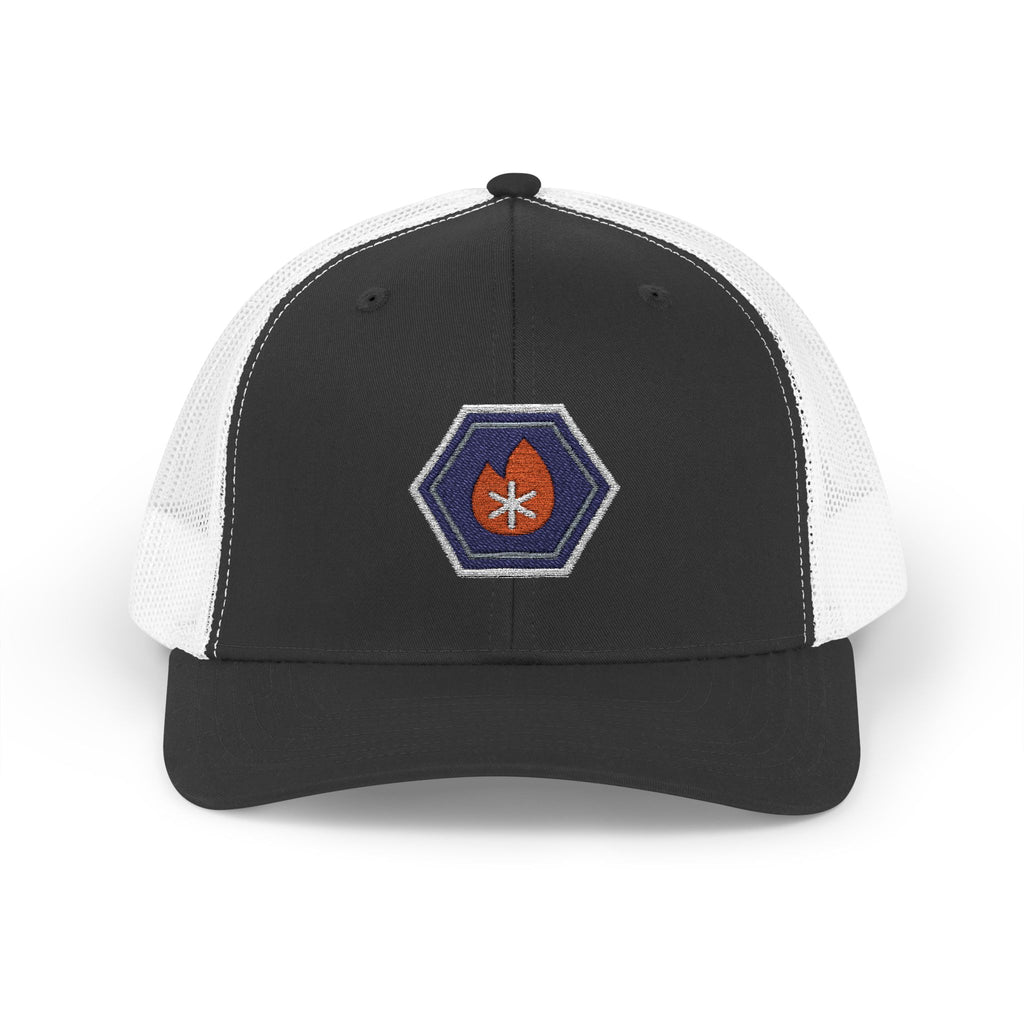Black and white trucker hat with an embroidered hex nut logo, a flame on one side and a snowflake on the other