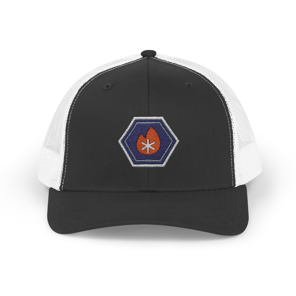 Black and white trucker hat with an embroidered hex nut logo, a flame on one side and a snowflake on the other