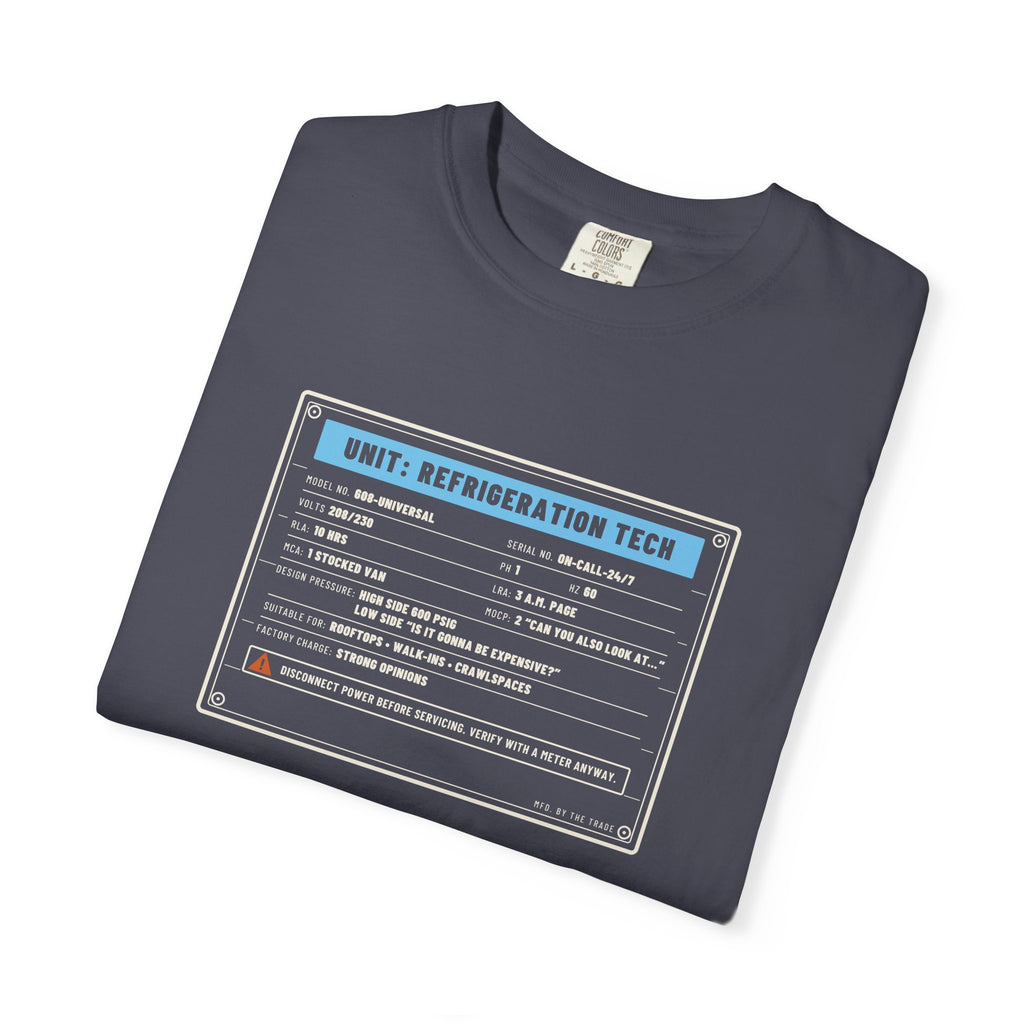 Folded Navy t-shirt with a refrigeration tech data plate graphic