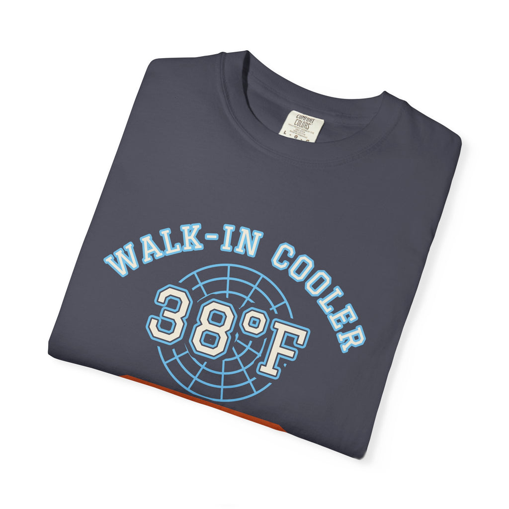 Folded navy t-shirt with a walk-in cooler door badge reading Walk-In Cooler Crew, Box Temp 38°F