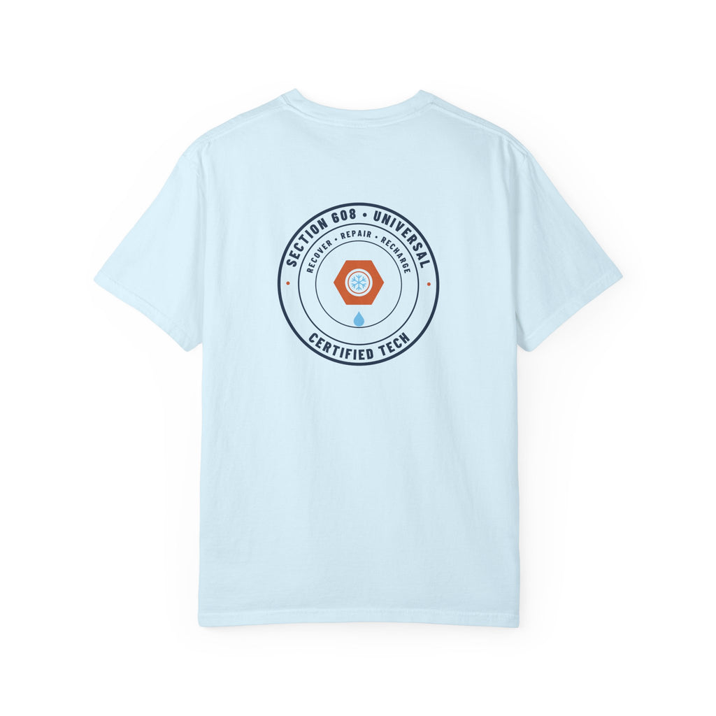 Back of Chambray t-shirt with a round badge reading Section 608 Universal Certified Tech