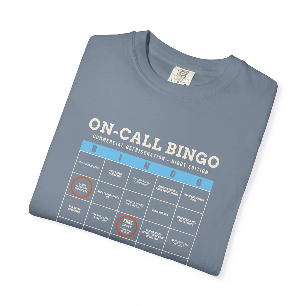 Folded Blue Jean t-shirt with an On-Call Bingo card for refrigeration night calls