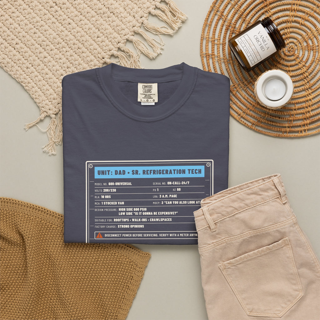 Navy t-shirt flat-lay with a Unit: Dad Sr. Refrigeration Tech data plate graphic
