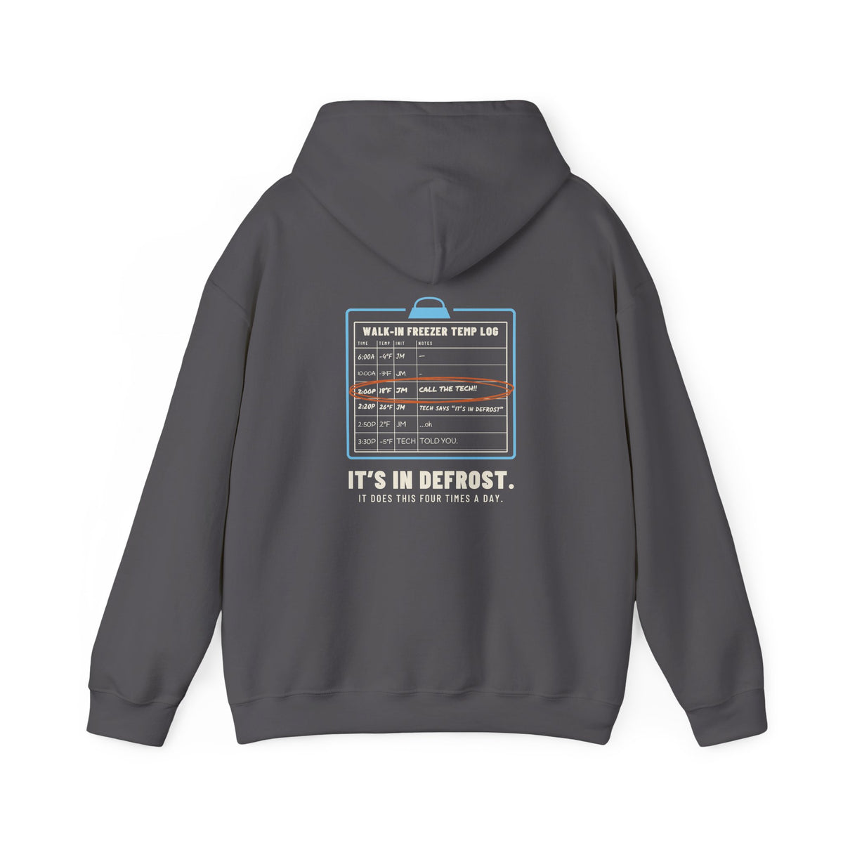 Charcoal hoodie, back view, with a walk-in freezer temp log and It's In Defrost