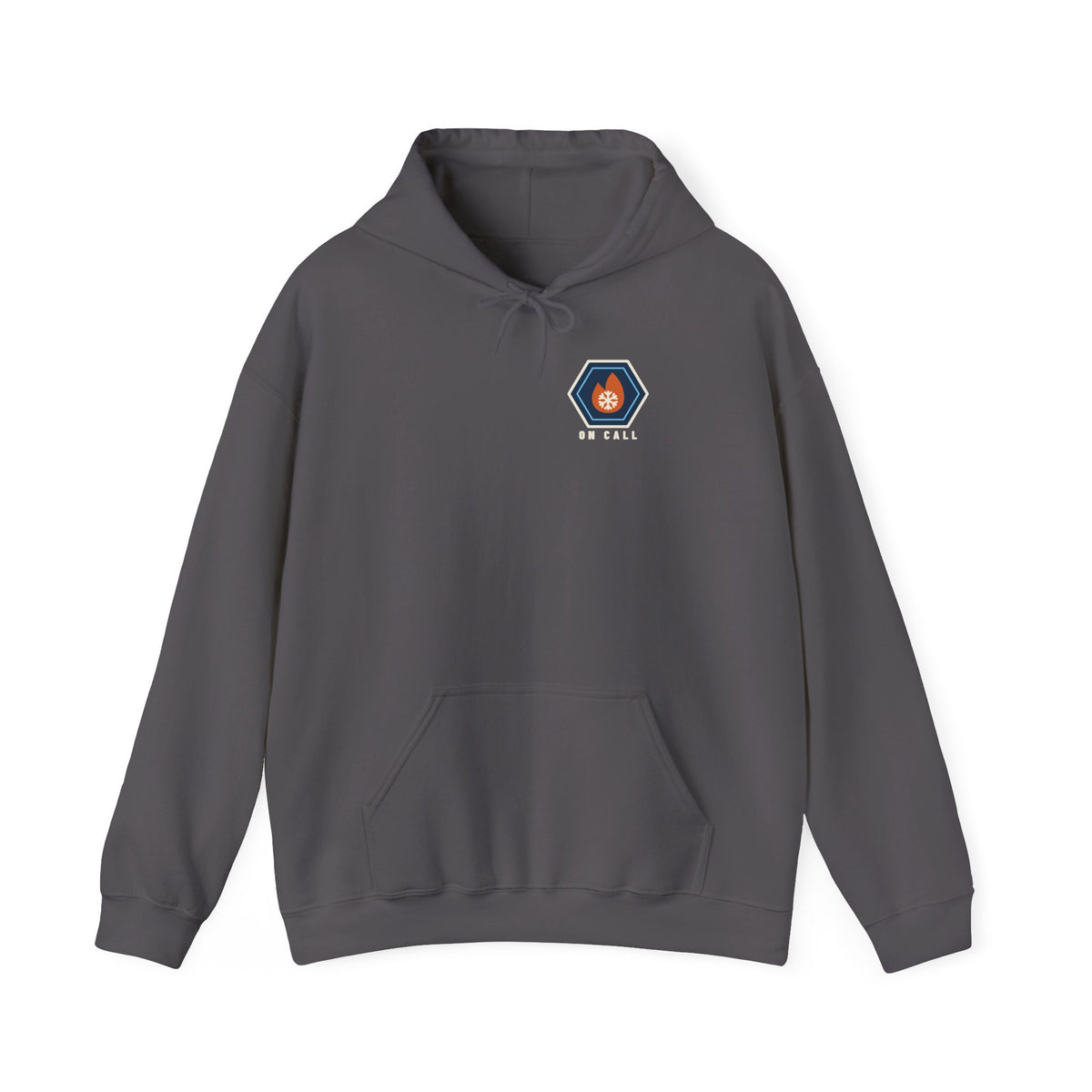 Charcoal hoodie with a small fire-and-ice hex nut logo and the words On Call on the left chest