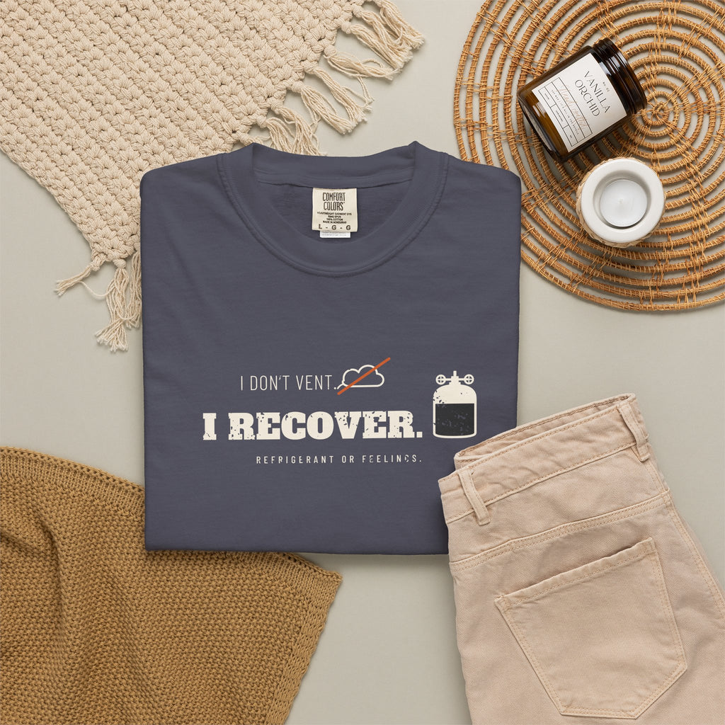 Navy t-shirt flat-lay with the I Don't Vent. I Recover. recovery cylinder graphic