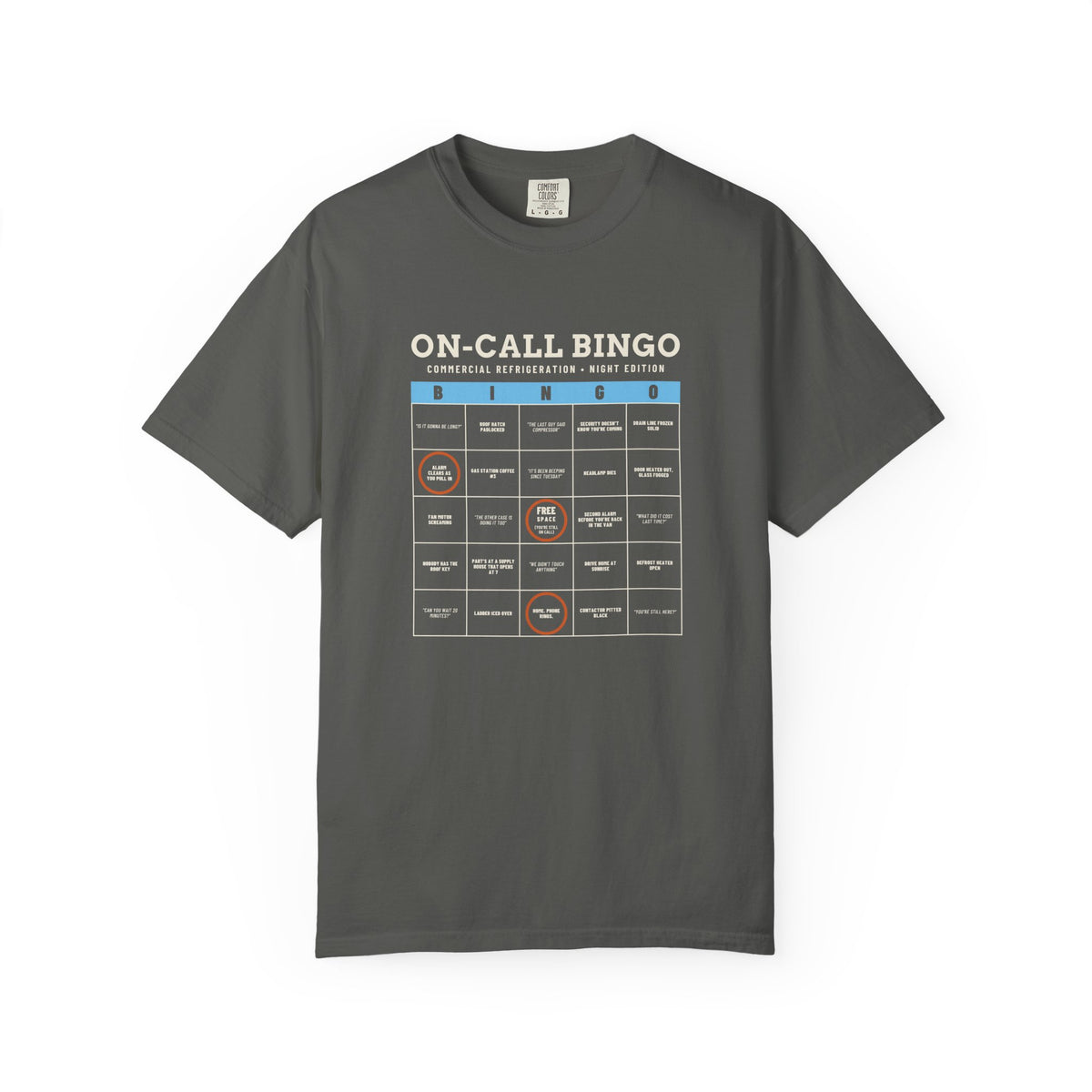 Faded black t-shirt with an On-Call Bingo card for refrigeration night calls