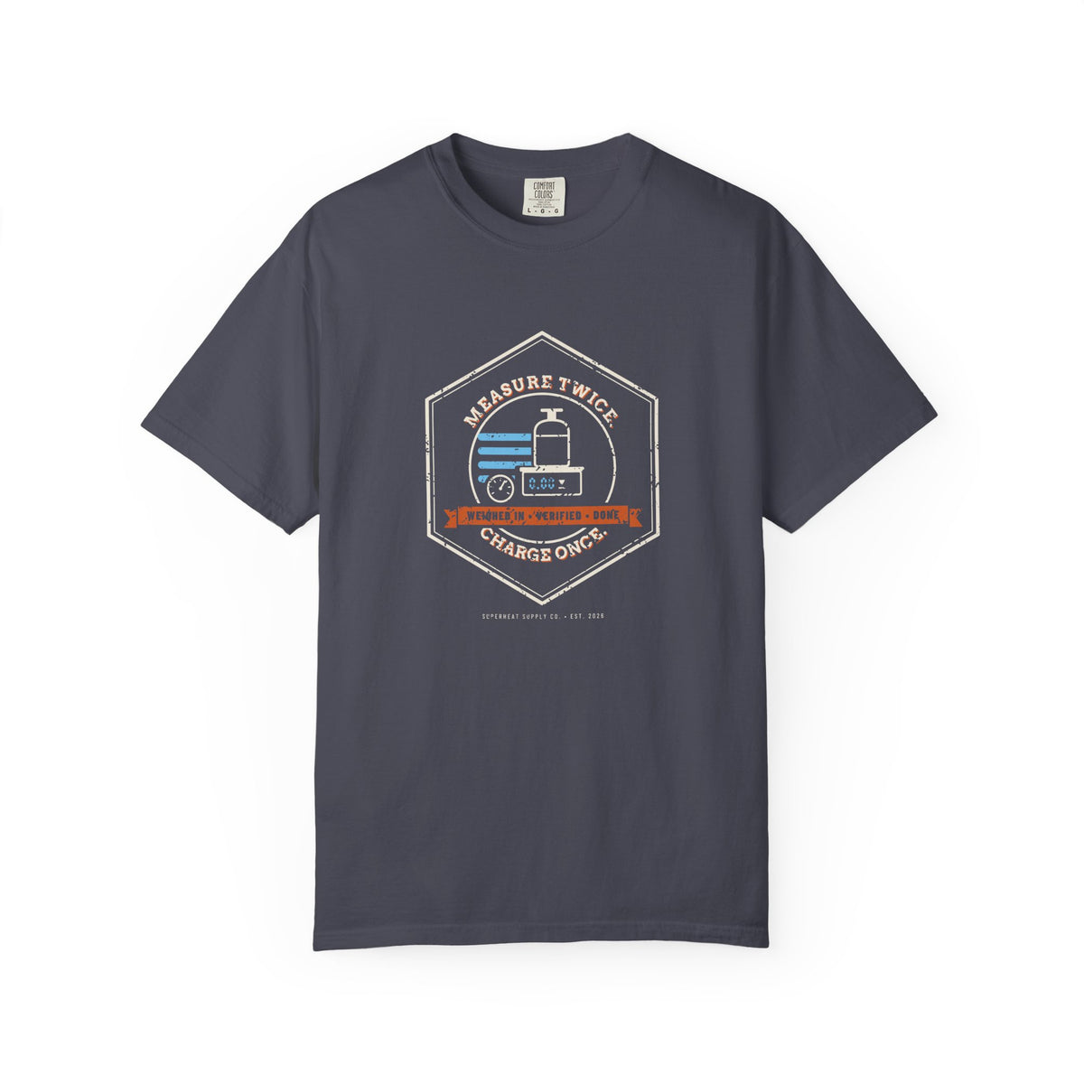 Navy t-shirt with a retro Measure Twice. Charge Once. hex badge with a cylinder on a scale