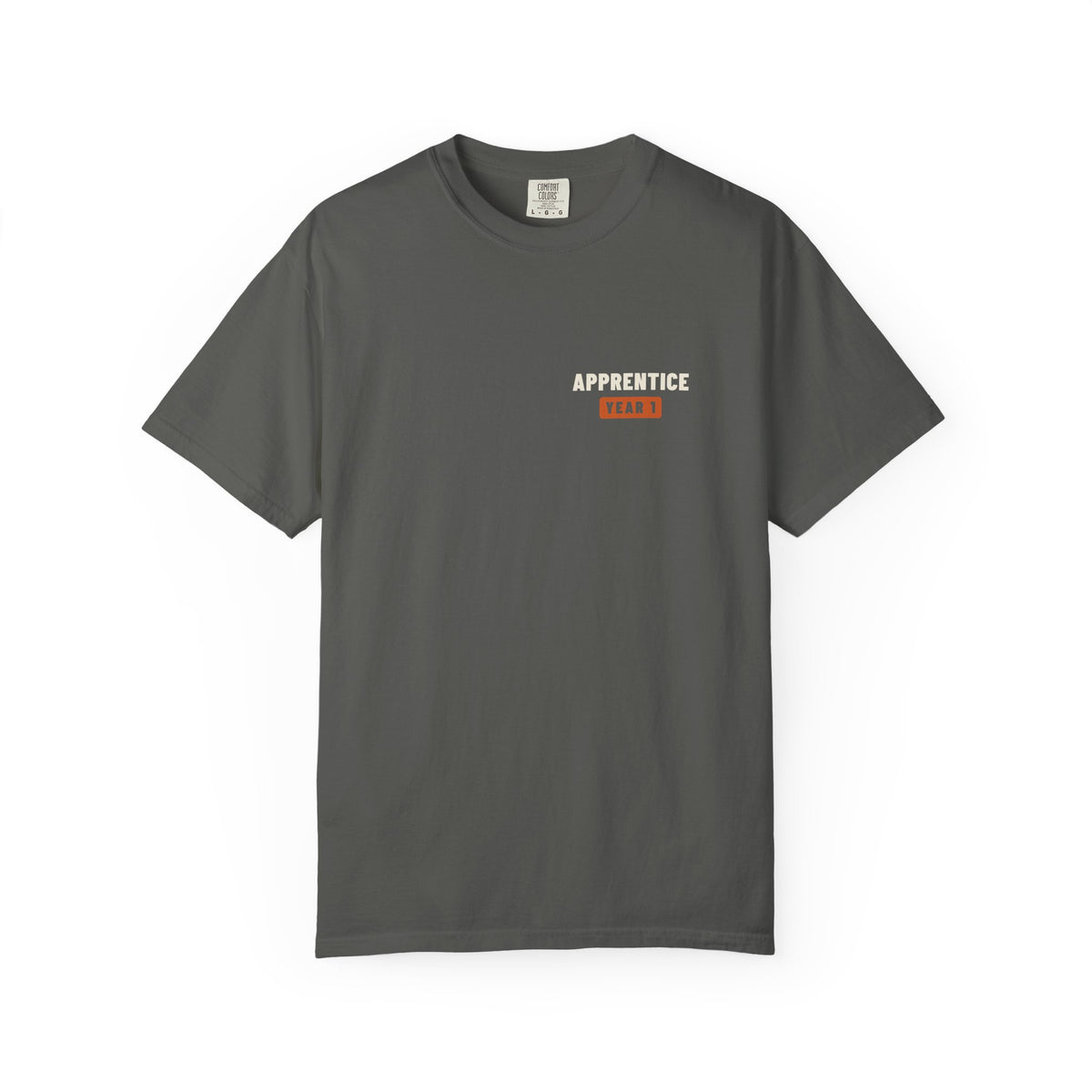 Faded black t-shirt with a small Apprentice Year 1 tab on the left chest