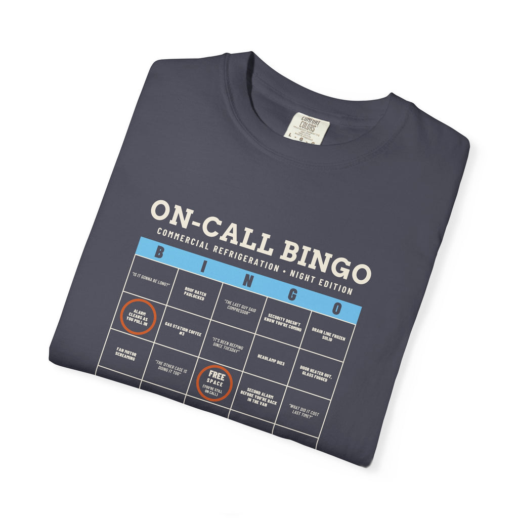 Folded Navy t-shirt with an On-Call Bingo card for refrigeration night calls