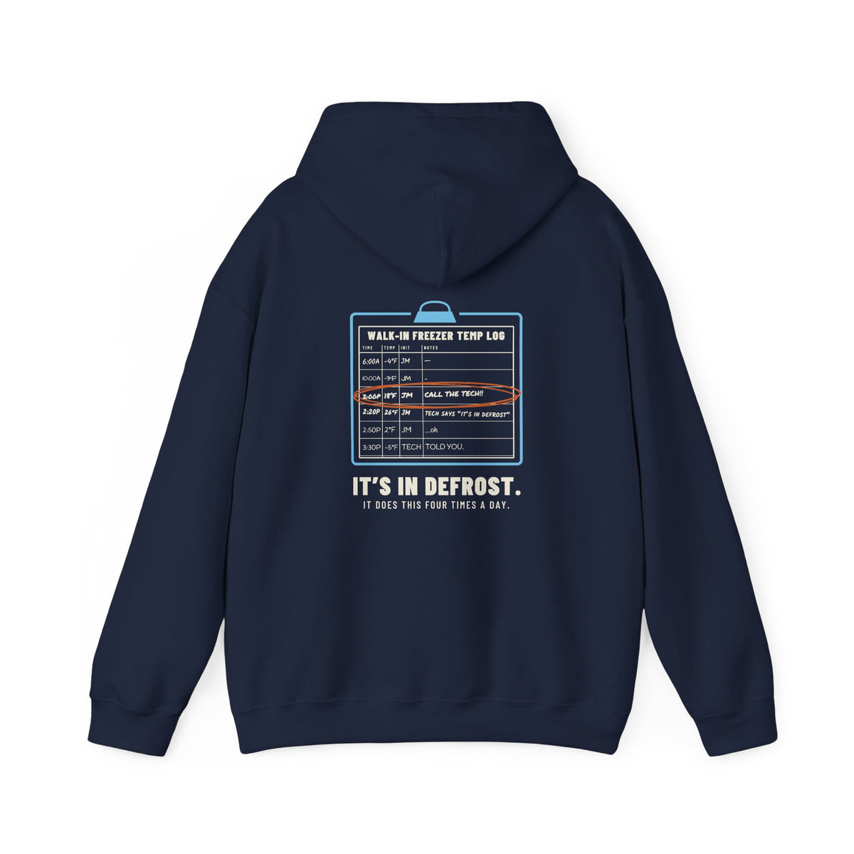 Navy hoodie, back view, with a walk-in freezer temp log and It's In Defrost