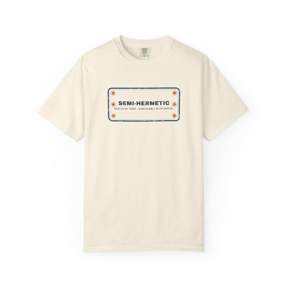 Ivory t-shirt with SEMI-HERMETIC on a bolted cylinder head plate