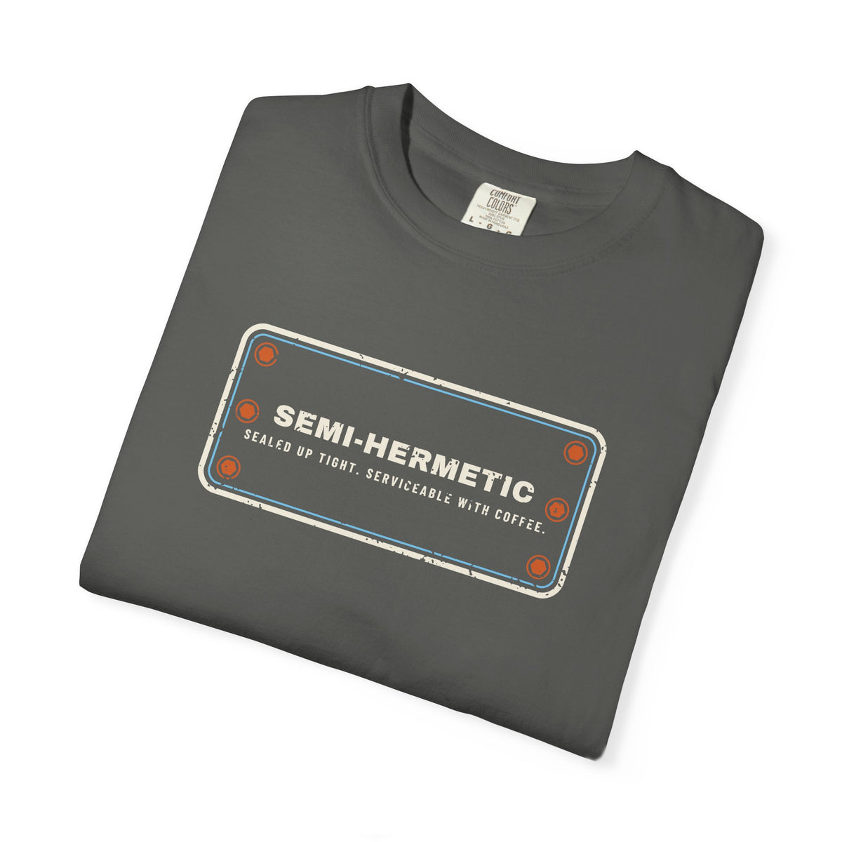 Folded Faded black t-shirt with SEMI-HERMETIC on a bolted cylinder head plate