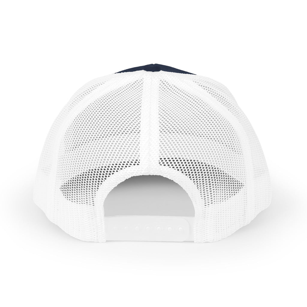 Back of trucker hat with white mesh panels and an adjustable snapback