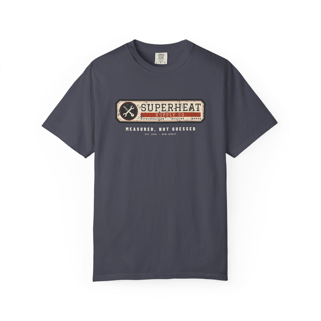 Navy t-shirt with a vintage equipment data plate reading Superheat Supply Co., Refrigeration Heating Humor