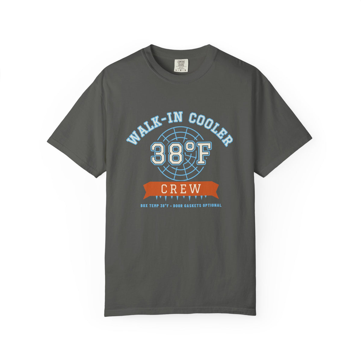 Faded black t-shirt with a walk-in cooler door badge reading Walk-In Cooler Crew, Box Temp 38°F