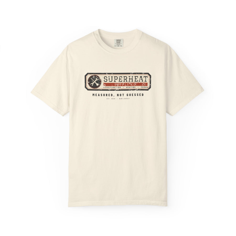 Ivory t-shirt with a vintage equipment data plate reading Superheat Supply Co., Refrigeration Heating Humor