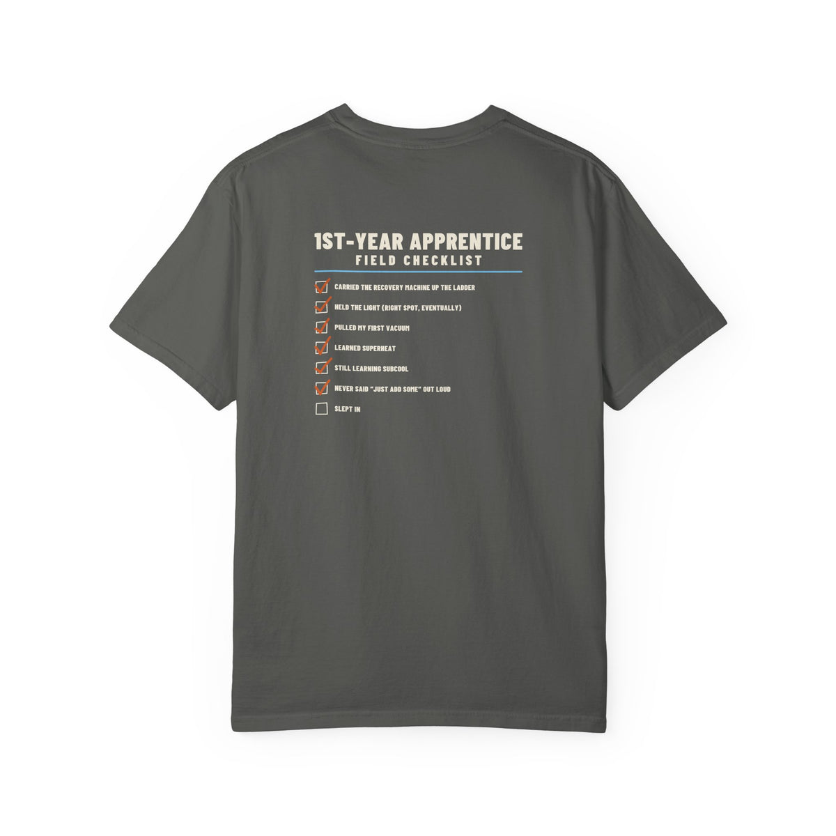 Faded black t-shirt, back view, with a 1st-Year Apprentice Field Checklist