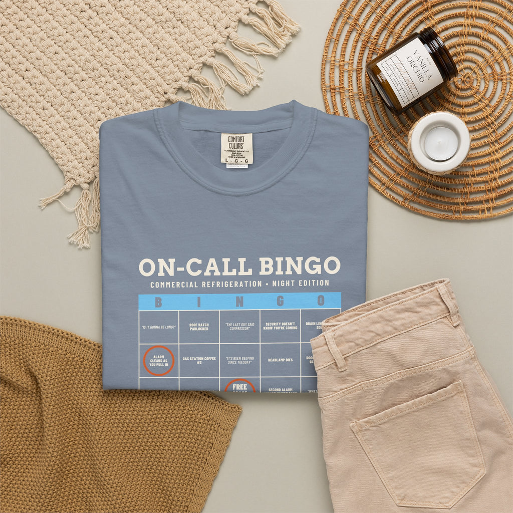 Blue Jean t-shirt flat-lay with an On-Call Bingo card for refrigeration night calls