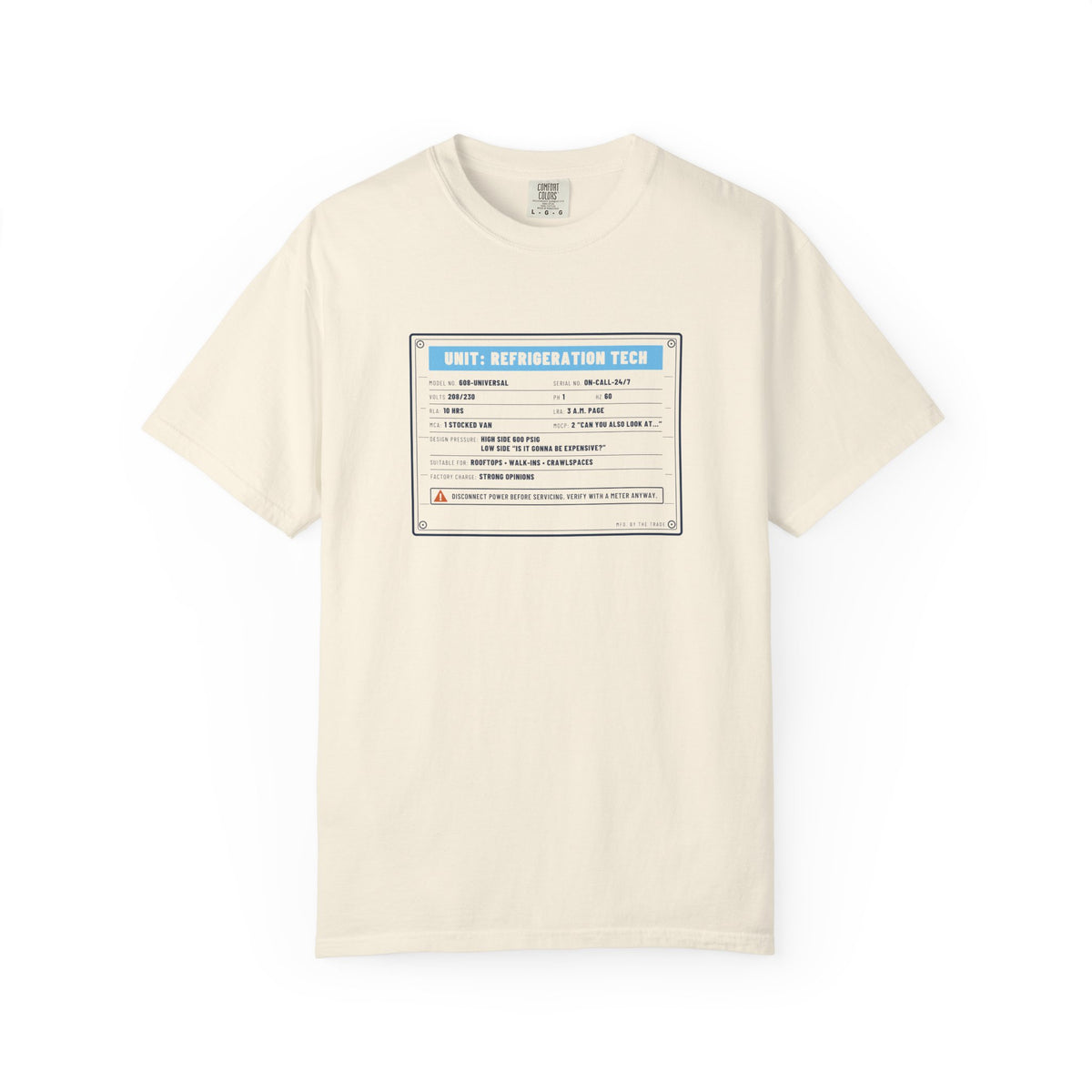Ivory t-shirt with a refrigeration tech data plate graphic