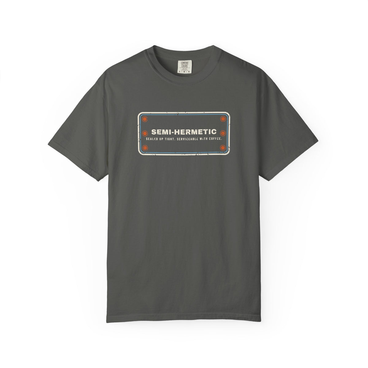 Faded black t-shirt with SEMI-HERMETIC on a bolted cylinder head plate