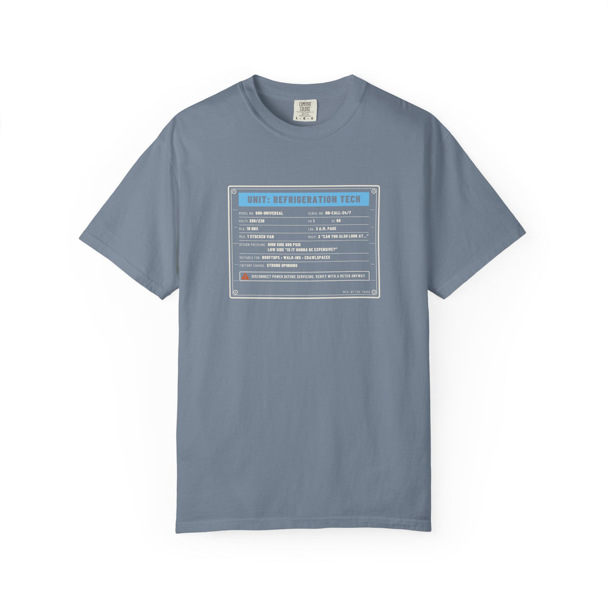 Blue Jean t-shirt with a refrigeration tech data plate graphic