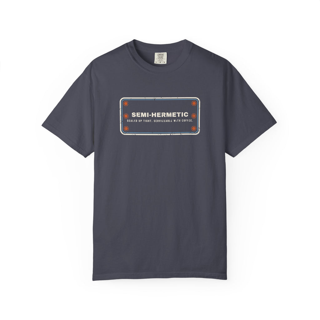 Navy t-shirt with SEMI-HERMETIC on a bolted cylinder head plate