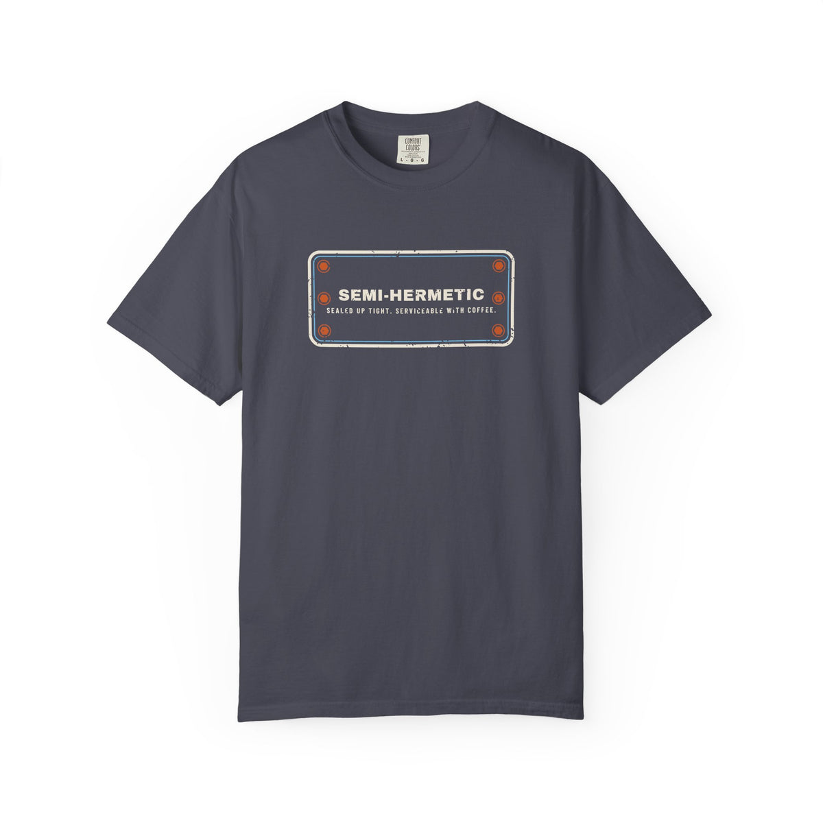 Navy t-shirt with SEMI-HERMETIC on a bolted cylinder head plate