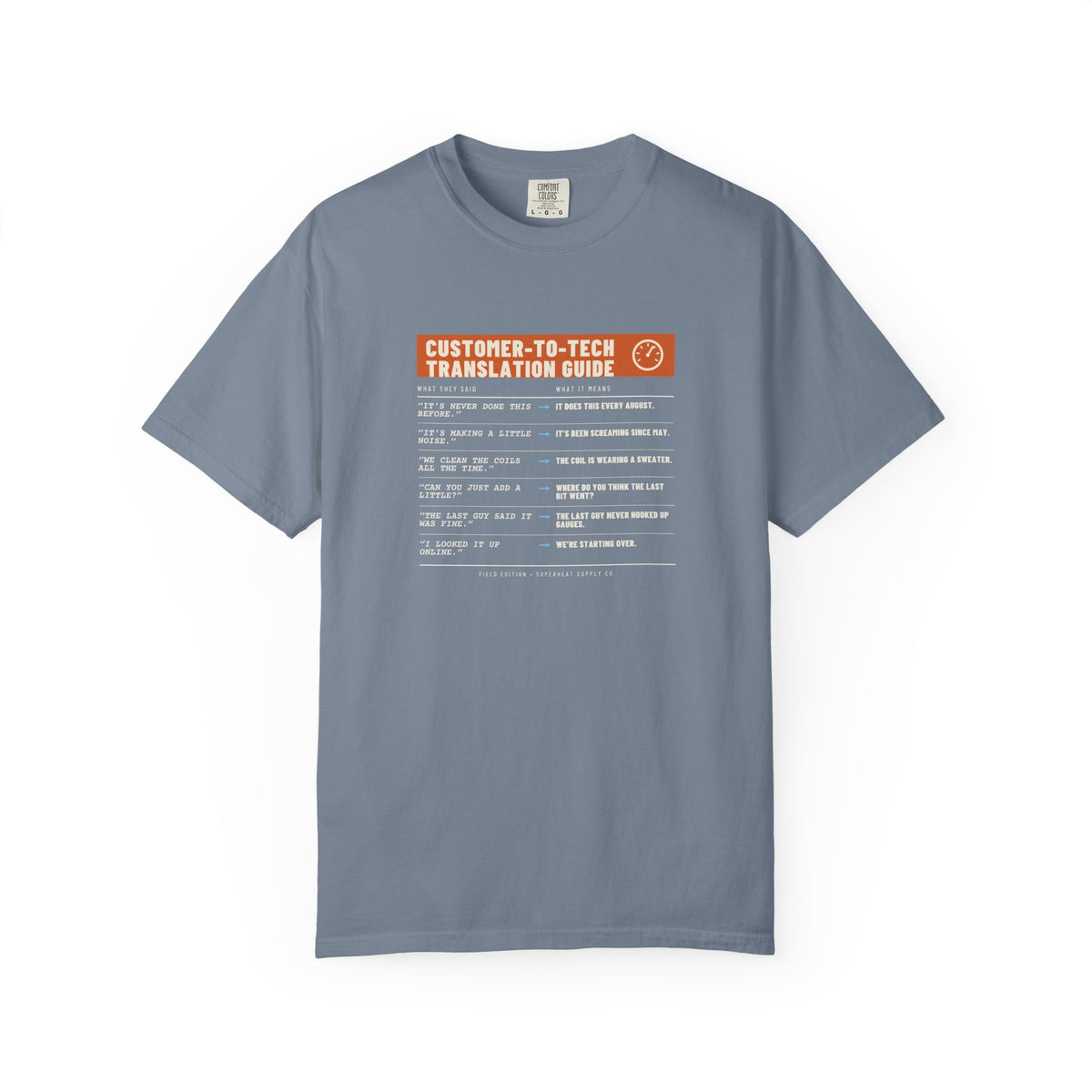 Blue Jean t-shirt with a Customer-to-Tech Translation Guide in two columns