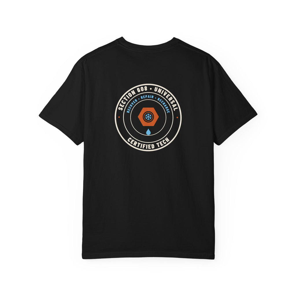 Back of black t-shirt with a round badge reading Section 608 Universal Certified Tech