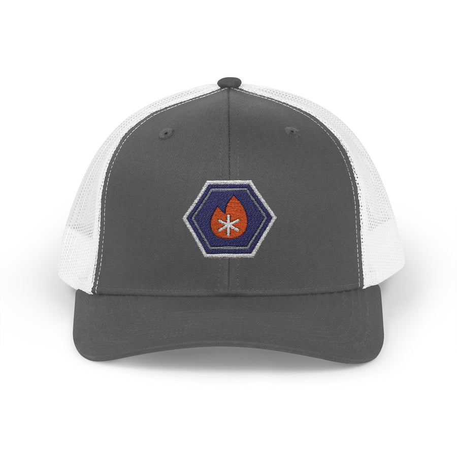 Charcoal and white trucker hat with an embroidered hex nut logo, a flame on one side and a snowflake on the other