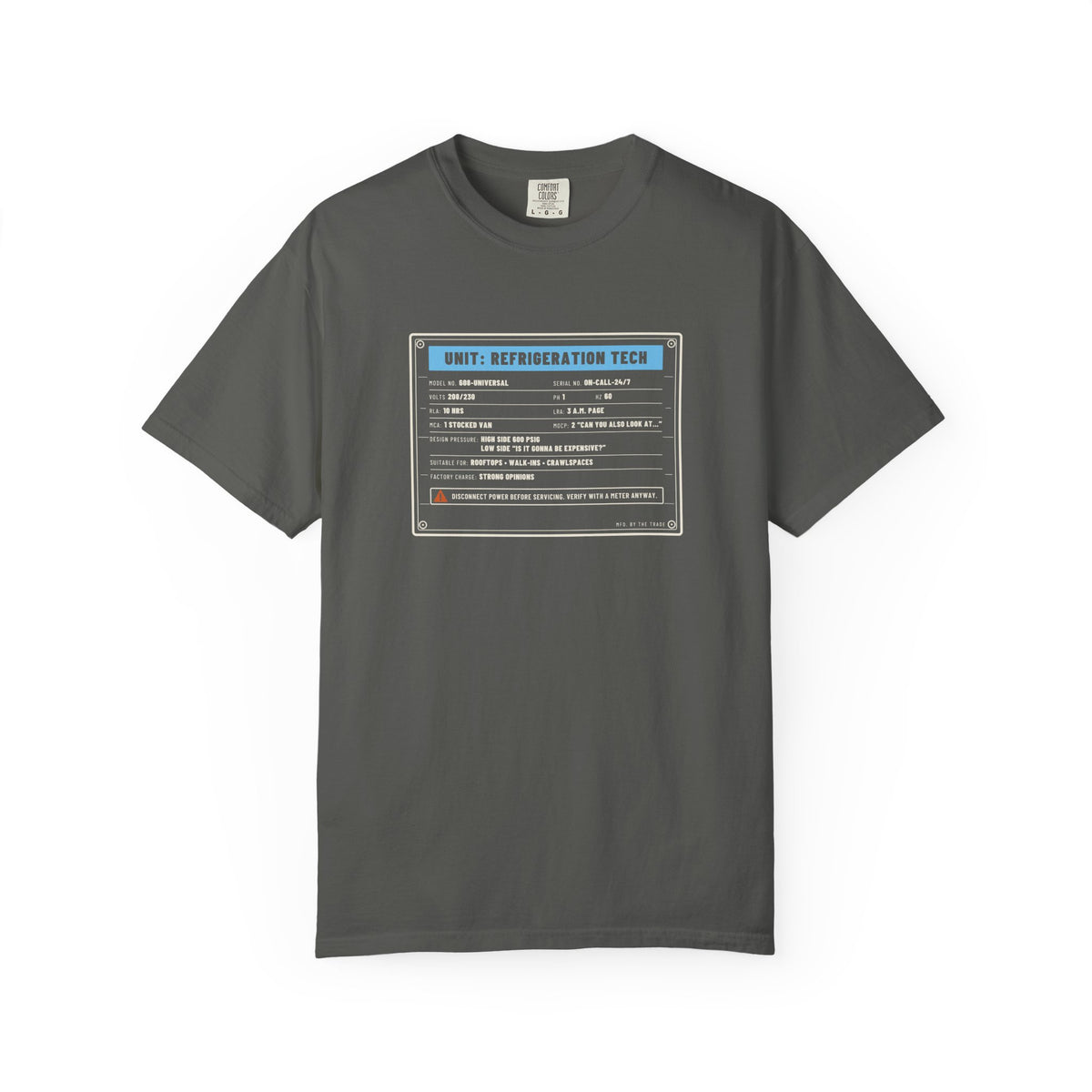 Faded black t-shirt with a refrigeration tech data plate graphic